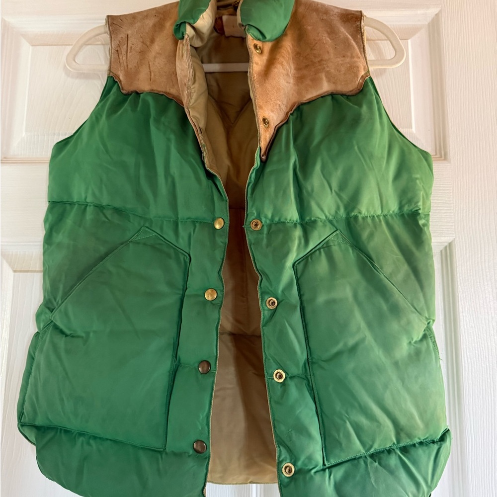 VINTAGE Rocky Mountain Featherbed Co. Green Puffer Vest with Brown Suede Yoke
